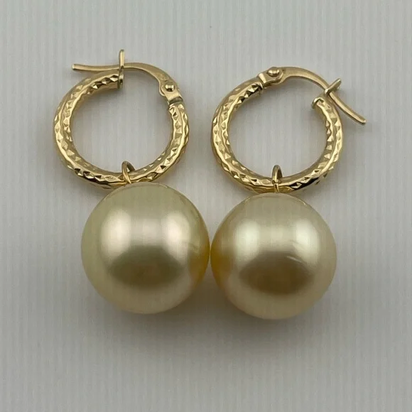 18K Gold Huggie Earrings with Champagne South Sea Pearl Drops 12mm - Picture 14 of 16